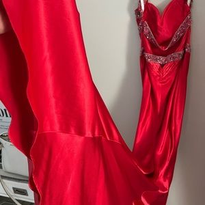 Satin red beaded prom gown